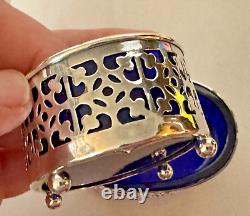 Large Pair Vintage Sterling Silver Open Master Salts with Blue Glass Inserts
