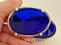 Large Pair Vintage Sterling Silver Open Master Salts with Blue Glass Inserts
