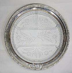 Large Round Glass and Sterling Silver Floral Etched Serving Dish