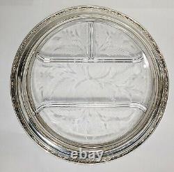 Large Round Glass and Sterling Silver Floral Etched Serving Dish