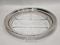 Large Round Glass and Sterling Silver Floral Etched Serving Dish