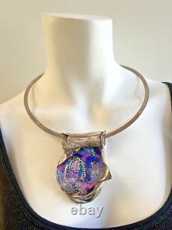 Large Sterling Silver Glass Pendant, Blue Pink Purple