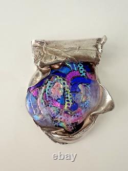 Large Sterling Silver Glass Pendant, Blue Pink Purple