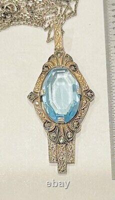 Large Vintage Art Deco Sterling Silver Germany Marcasite Blue Glass Necklace