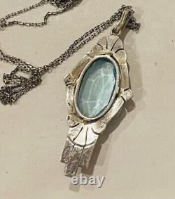 Large Vintage Art Deco Sterling Silver Germany Marcasite Blue Glass Necklace