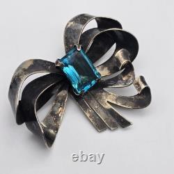 Large Vintage Bow Ribbon Blue Glass Sterling Silver Brooch 3