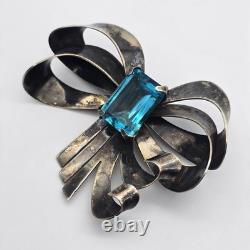 Large Vintage Bow Ribbon Blue Glass Sterling Silver Brooch 3