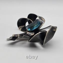 Large Vintage Bow Ribbon Blue Glass Sterling Silver Brooch 3