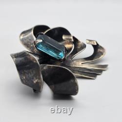 Large Vintage Bow Ribbon Blue Glass Sterling Silver Brooch 3