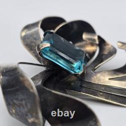 Large Vintage Bow Ribbon Blue Glass Sterling Silver Brooch 3