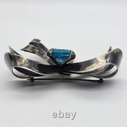 Large Vintage Bow Ribbon Blue Glass Sterling Silver Brooch 3