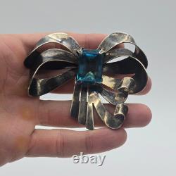 Large Vintage Bow Ribbon Blue Glass Sterling Silver Brooch 3