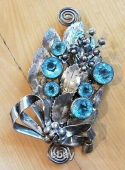 Large Vintage Signed Hobe' Sterling Design Pat'd Blue Stone Floral Brooch Rare