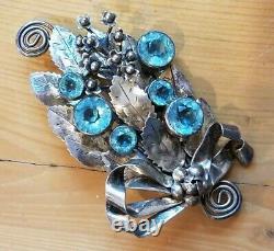 Large Vintage Signed Hobe' Sterling Design Pat'd Blue Stone Floral Brooch Rare