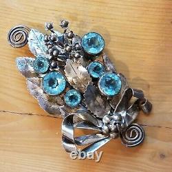 Large Vintage Signed Hobe' Sterling Design Pat'd Blue Stone Floral Brooch Rare