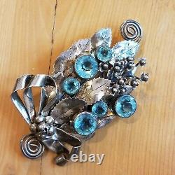 Large Vintage Signed Hobe' Sterling Design Pat'd Blue Stone Floral Brooch Rare