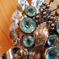 Large Vintage Signed Hobe' Sterling Design Pat'd Blue Stone Floral Brooch Rare