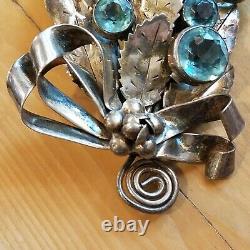 Large Vintage Signed Hobe' Sterling Design Pat'd Blue Stone Floral Brooch Rare