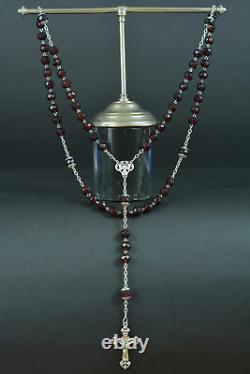 Large french Antique Rosary Sterling Silver garnet glass Art Nouveau 26