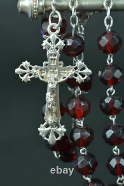 Large french Antique Rosary Sterling Silver garnet glass Art Nouveau 26