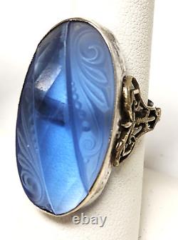 Lg. Antique Art Deco Carved Molded Oval Dome Shape Glass Sterling Silver Ring 7