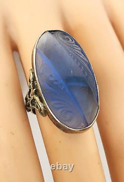 Lg. Antique Art Deco Carved Molded Oval Dome Shape Glass Sterling Silver Ring 7