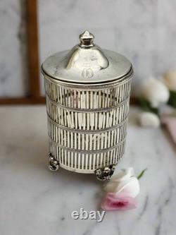 Lidded Jam Pot Sterling SILVER Glass Insert 5.5h 101.3g 1920s Monogram D