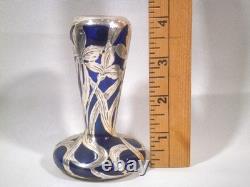 Loetz 1900s Art Nouveau Cobalt Blue Glass Alvin Sterling Silver Cabinet Vase