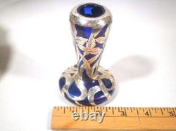 Loetz 1900s Art Nouveau Cobalt Blue Glass Alvin Sterling Silver Cabinet Vase