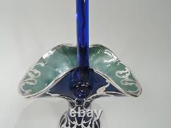 Loetz Basket Antique Art Nouveau Austrian Cobalt Blue Glass Silver Overlay