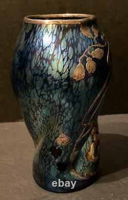 Loetz Blue Iridescent Glass Twist Vase Sterling Silver Overlay Art Nouveau 1900