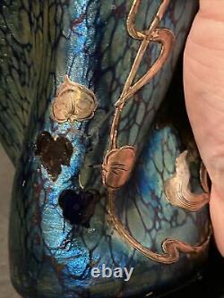 Loetz Blue Iridescent Glass Twist Vase Sterling Silver Overlay Art Nouveau 1900