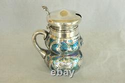 Loetz Blue Oil Spot Art Glass Sterling Silver Overlay Nouveau Mustard Pot