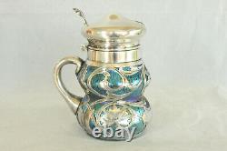 Loetz Blue Oil Spot Art Glass Sterling Silver Overlay Nouveau Mustard Pot