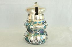 Loetz Blue Oil Spot Art Glass Sterling Silver Overlay Nouveau Mustard Pot