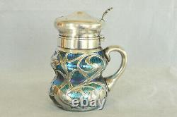 Loetz Blue Oil Spot Art Glass Sterling Silver Overlay Nouveau Mustard Pot