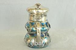 Loetz Blue Oil Spot Art Glass Sterling Silver Overlay Nouveau Mustard Pot