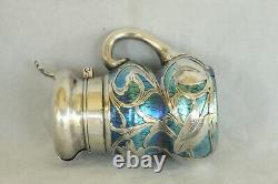 Loetz Blue Oil Spot Art Glass Sterling Silver Overlay Nouveau Mustard Pot