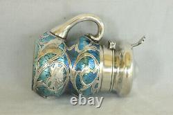 Loetz Blue Oil Spot Art Glass Sterling Silver Overlay Nouveau Mustard Pot