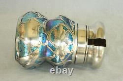 Loetz Blue Oil Spot Art Glass Sterling Silver Overlay Nouveau Mustard Pot