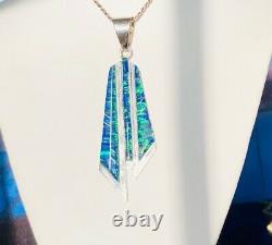 Long Colorful Vintage Opal Pendant Shards of Glass Black Navy Blue 3 Sterling