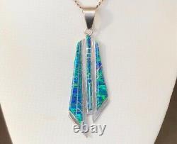Long Colorful Vintage Opal Pendant Shards of Glass Black Navy Blue 3 Sterling