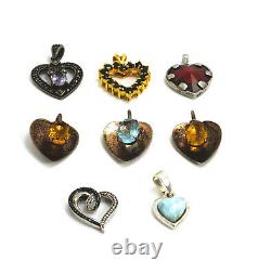 Lot of 5 Sterling Silver Colored Glass & Stone Heart Pendants
