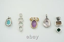 Lot of 5 Sterling Silver Gemstone and Glass Chunky Pendants, 41.5g