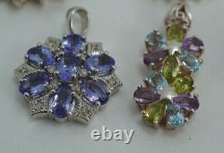Lot of 9 Sterling Silver & Colored Gem & Glass Pendants