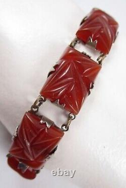 Lovely Art Deco Sterling Silver Carnelian Glass Bracelet