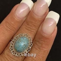 Lovely Vintage Estate Sterling Silver Turquoise Art Glass Scroll Ring Size 6.25