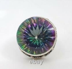 MASSIVE vintage Fine Sterling Silver & Mystic Topaz Glass Ring Size 8.5