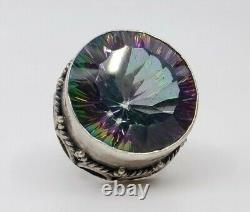 MASSIVE vintage Fine Sterling Silver & Mystic Topaz Glass Ring Size 8.5