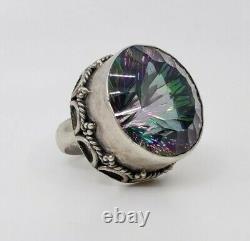 MASSIVE vintage Fine Sterling Silver & Mystic Topaz Glass Ring Size 8.5
